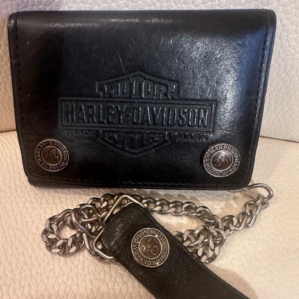 Harley Davidson Vintage Tri-Fold Top Grain leather Black Wallet with Chain EUC